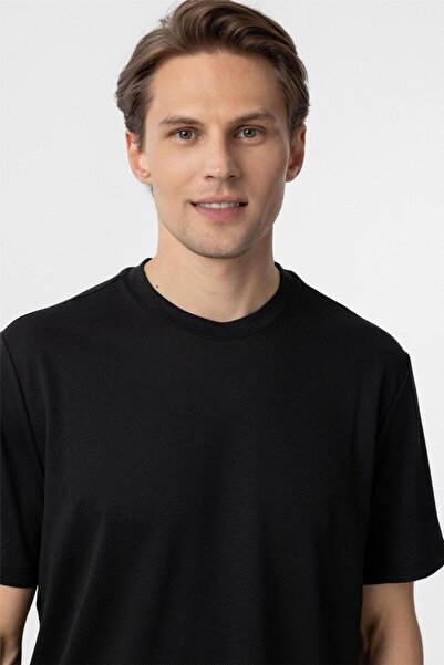 SÜVARİ Μαύρο μπλουζάκι Dobby Crew με λεπτή εφαρμογή