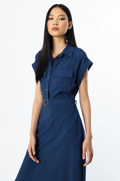 Ekol Buttoned Front Maxi Dress with Belt Navy Blue 05080