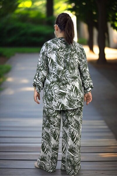 yagmurberen Palm Print Front Half Buttoned Judge Collar Bluzel Belt Elastic Waist Trousers Large Size Double Set