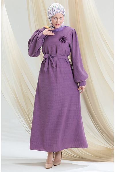 sefamerve Φόρεμα Seersucker Fabric Belted 2043-02 Λιλά