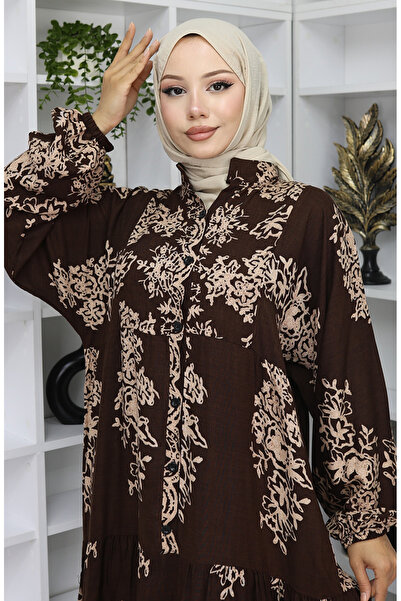 sefamerve Φόρεμα με μισό κουμπί από ύφασμα βισκόζης 2044-05 Καφέ