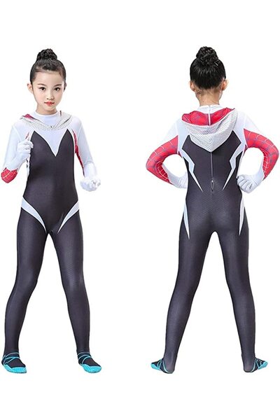EvrikaUnity Costum Copii Gwen Spiderman, Marvel, Caracter Fata, Lycra, 9-10 ani, 135-145, Alb / Negru