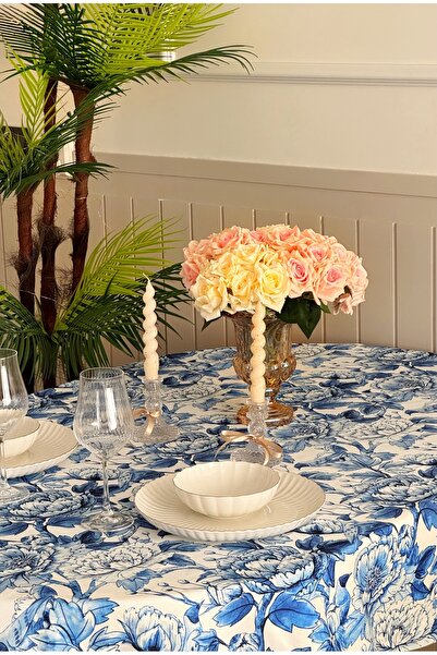 Skyes Home Bleu Blanc Kuş Desenli Mavi Beyaz Masa Örtüsü