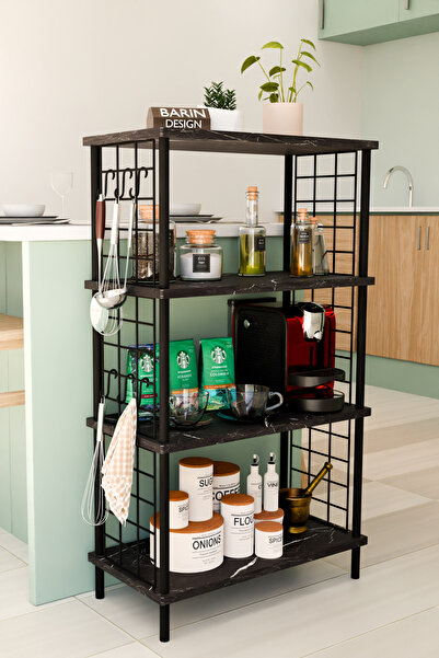 BARIN DESIGN 4 Katlı Metal Telli Raf Ünitesi Çevir Kur Sistemli Kahve Köşesi ve Mutfak Düzenleyici Raf Açık Dolap