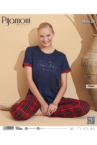 Pijamoni Σετ γυναικείες πιτζάμες Bamboo Milan Fabric Navy Blue Χρώμα Κόκκινο καρό με κοντό μανίκι