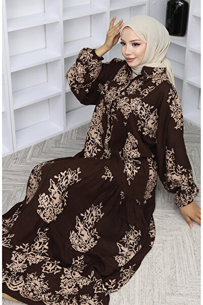 sefamerve Φόρεμα με μισό κουμπί από ύφασμα βισκόζης 2044-05 Καφέ