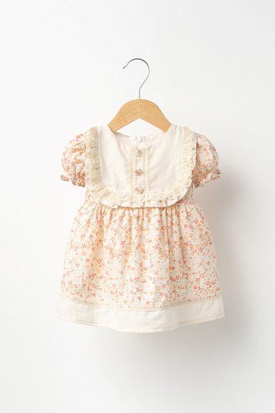 Banamio Riella Baby Girl Child Scalloped Detail Collar Gathered Sleeves Lined Linen Dress