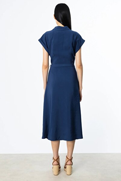 Ekol Buttoned Front Maxi Dress with Belt Navy Blue 05080