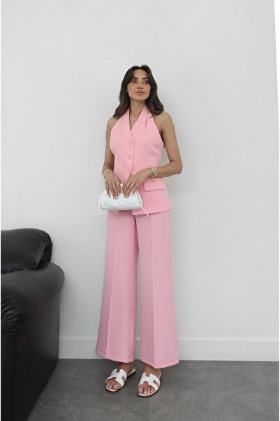 Havoş Pink Hillary Halter Strap Vest Pants Suit