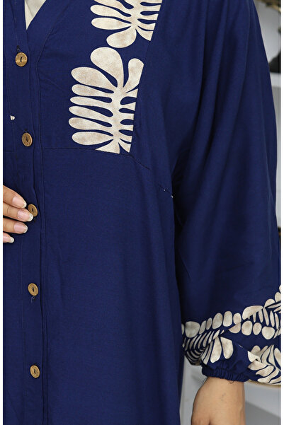 sefamerve Viskon Kumaş Yarım Düğmeli Elbise 0056-03 Lacivert