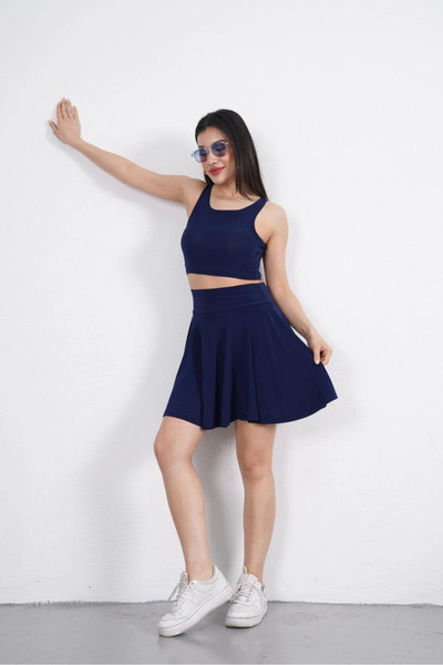 velmorafashion -Velmora Sendy Fabric Crew Neck Crop Shorts Skirt Two-Piece Set - Navy Blue -Vlmr