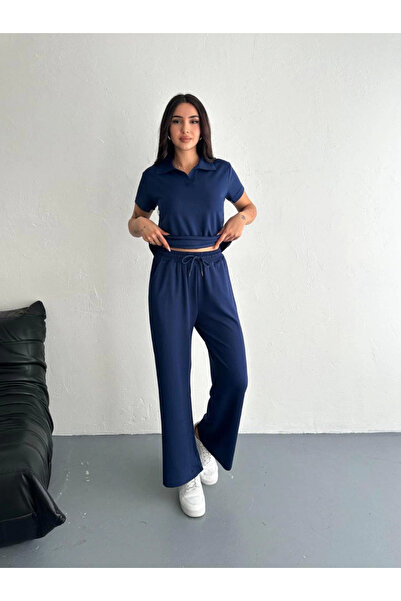 velmorafashion Velmora Osy Modal Soft Textured Fabric Short Sleeve Collared T-Shirt Pantalon Two-Piece Set - Navy Blue -