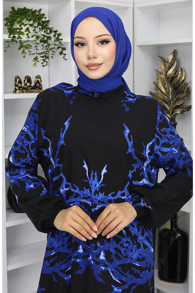 sefamerve Viskon Kumaş Desenli Elbise 2040-02 Siyah Saks