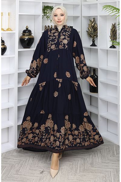 sefamerve Φόρεμα με σχέδιο από ύφασμα βισκόζης 2045-04 Navy Blue