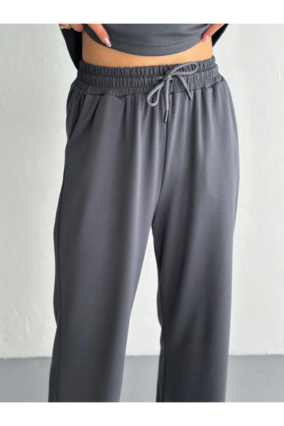 velmorafashion Velmora Osy Modal Soft Textured Fabric Short Sleeve Collared T-Shirt Pantalon Two-Piece Set - Anthracite -