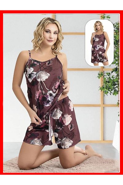 FırFır Store Brown Color Floral Patterned Strappy Shorts Pajama Set