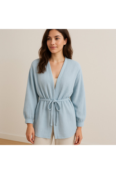 Çeşme Home %100 Pamuk Müslin Kumaş Kimono Ceket Ahşap Düğmeli, Cepli, Mevsiml...