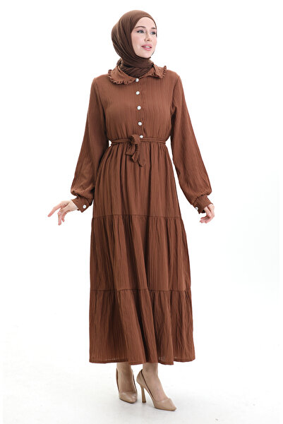 sefamerve Half Button Gathered Dress 2042-01 Tan