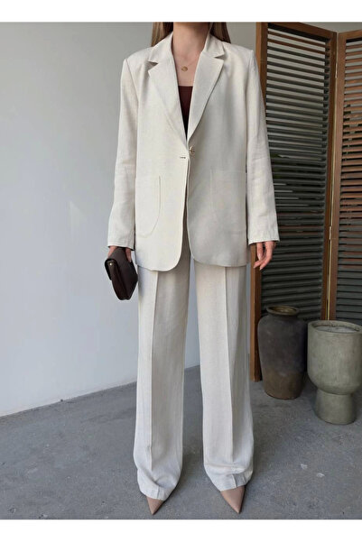 velmorafashion Velmora Linen Jacket Trousers Buttoned Long Sleeve Y Slit Two-Piece Set - White -