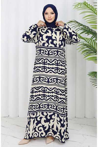sefamerve Φόρεμα με σχέδιο από ύφασμα βισκόζης 0057-05 Navy Blue Beige