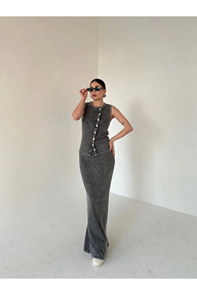 velmorafashion Velmora Long Skirt with Buttoned Front Badi Two-Piece Set - Anthracite -