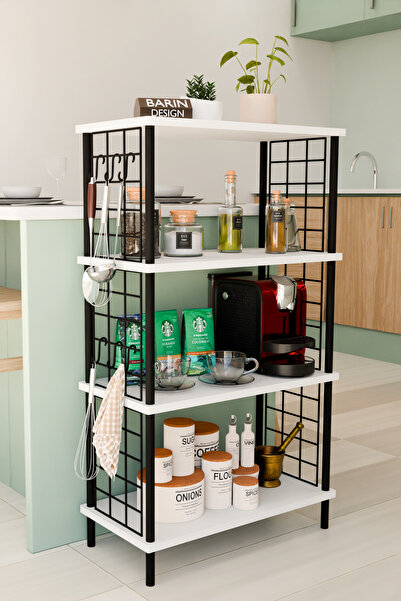 BARIN DESIGN 4 Katlı Metal Telli Raf Ünitesi Çevir Kur Sistemli Kahve Köşesi ve Mutfak Düzenleyici Raf Açık Dolap