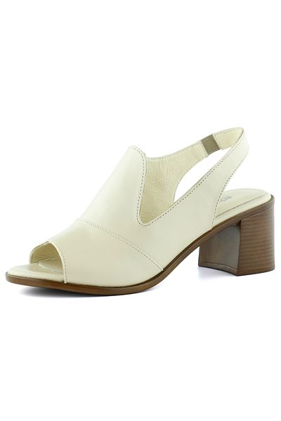 Erkan Saçmacı Emilia Beige Genuine Leather Open Back Rubber Band Thick Heeled Comfortable Daily Sandals