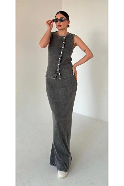 velmorafashion Velmora Long Skirt with Buttoned Front Badi Two-Piece Set - Anthracite -