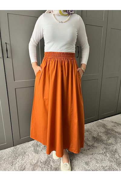 MY QILAM NUMĂRUL 10 MODĂ FEMEIE TABA FUSTA POPLIN evazată cu buzunare cu talie elastică 10NMR180