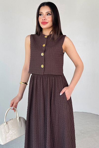 Cappmoda TKM-13295 Καφέ υφασμάτινο γιλέκο και φούστα με επένδυση δύο τεμαχίων