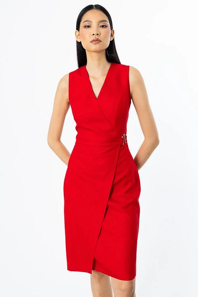 Ekol Waist Metal Accessory Sleeveless Dress Red 05468