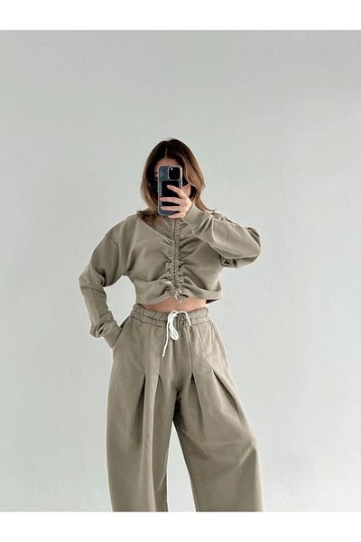 Kadınle Long Sleeve Front Drawstring Crop and Trousers Double Set - Khaki
