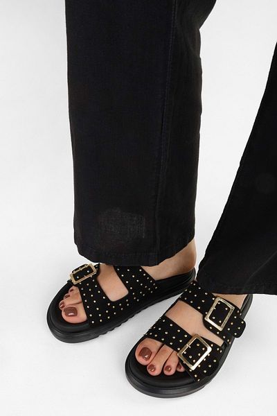 Shoeberry Women's Maren Black Suede Belt Buckle Slippers