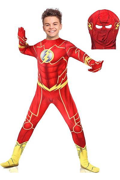 EvrikaUnity Costum Copii Flash, Marvel, Avengers, Lycra, 7-8 ani, 125-135, Rosu / Galben