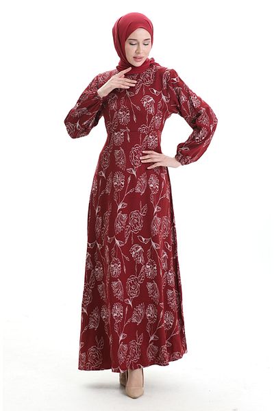 sefamerve Rochie cu modele cu maneci elastice 2046-02 Rosu Claret