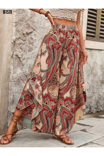 Modayakamoz Women's High Waist Trousers Elastic Waist Patterned Wide Leg Single Jersey