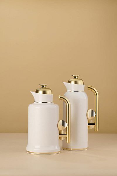 ALSAIF Coffee And Tea Vaccum Flask Set In Ivory/gold / Leak-proof And Keeps Drinks Hot 1.0/0.7 Liter