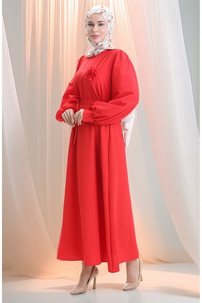 sefamerve Seersucker Belted Dress 2043-01 Red