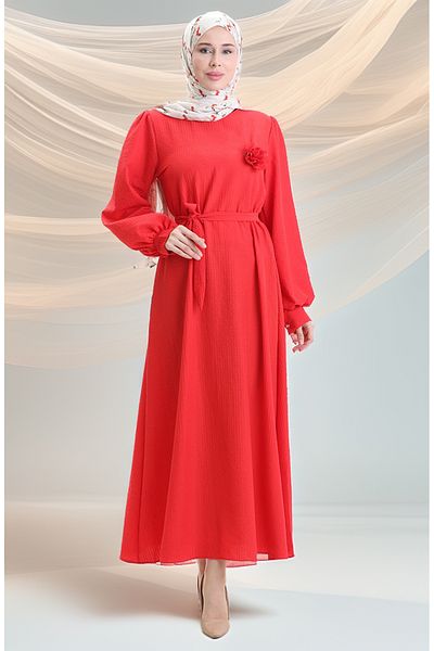 sefamerve Seersucker Belted Dress 2043-01 Red