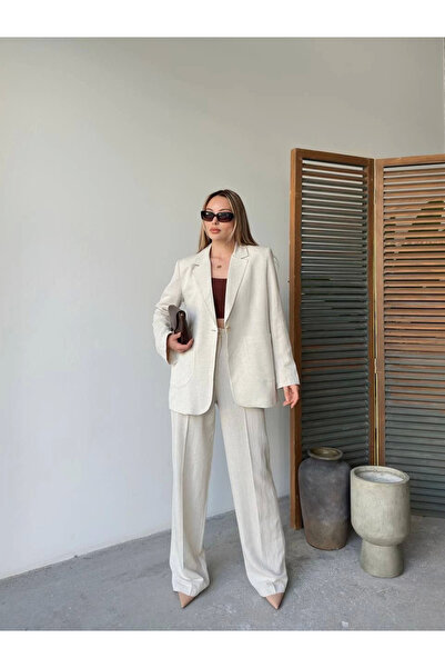 velmorafashion Velmora Linen Jacket Trousers Buttoned Long Sleeve Y Slit Two-Piece Set - White -