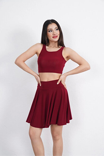 velmorafashion Velmora Sendy Fabric Crew Neck Crop Skirt with Shorts Two-Piece Set - Burgundy -