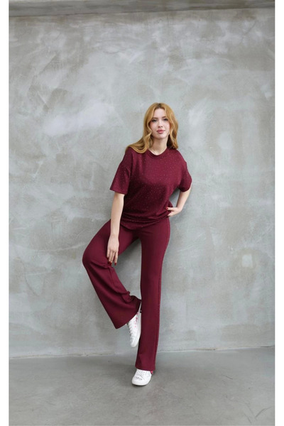 velmorafashion Velmora Osy Modal Soft Textured Fabric Crew Neck Stone Detailed Short Sleeve Set - Burgundy -