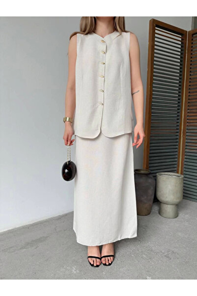 velmorafashion Velmora Linen Sleeveless Crew Neck Buttoned Sleeveless Cardigan Skirt Two-Piece Set - White -