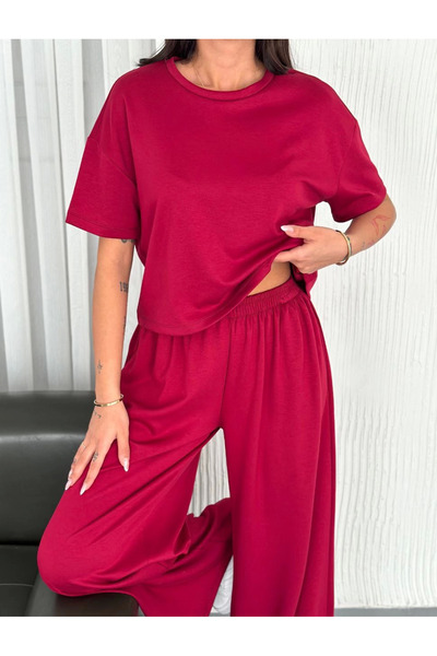 velmorafashion Velmora Osy Modal Soft Textured Fabric Crew Neck T-Shirt Wide-Leg Pants Two-Piece Set -Burgundy-