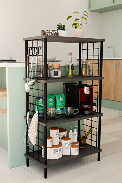 BARIN DESIGN 4 Katlı Metal Telli Raf Ünitesi Çevir Kur Sistemli Kahve Köşesi ve Mutfak Düzenleyici Raf Açık Dolap