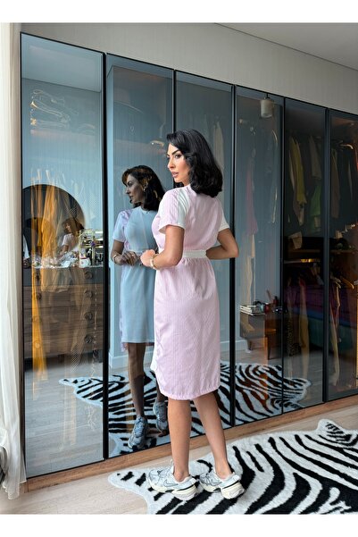 orjinal blue b Καλοκαιρινό φόρεμα με ριγέ γαρνιρισμένο ελαστικό μέσης – Κομψό άνετο casual μοντέλο