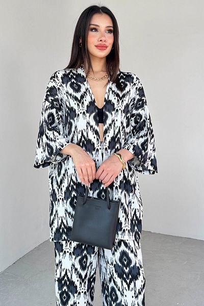 Cappmoda Tkm-13296 Black Ethnic Patterned Kimono & Trousers Double Set