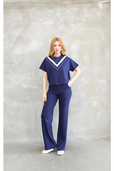 Kadınle Osy Modal Soft Textured Fabric Crew Neck Short Sleeve Set with Patchwork Details - Navy Blue