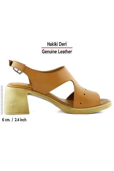 Erkan Saçmacı Ofelia Tan Genuine Leather Buckle Heeled Sandals with Hole Detail