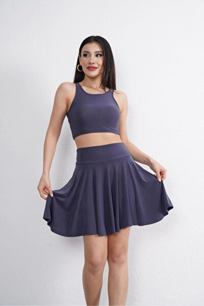 velmorafashion -Velmora Sendy Fabric Crew Neck Crop Shorts Skirt Two-Piece Set - Anthracite -Vlmr